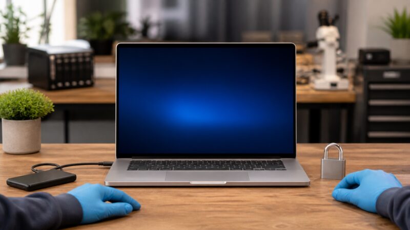 BitLockerで保護されたノートパソコンと外付けSSDを前にデータ救出を準備する様子