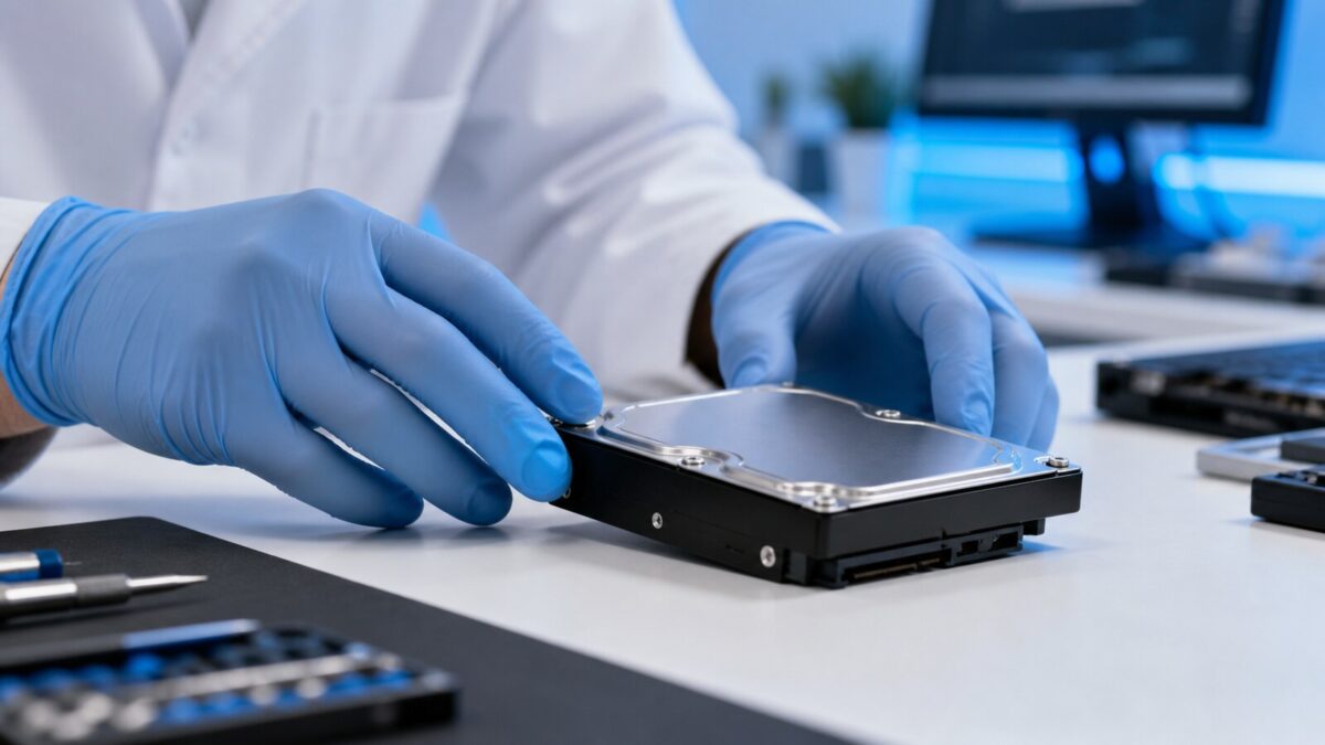 データ復旧の診断前に密閉されたHDDを慎重に扱う技術者