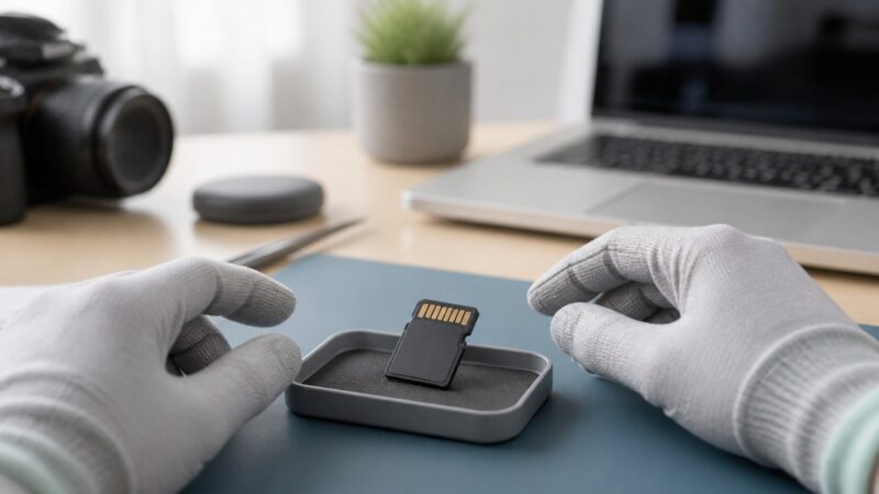 認識しないSDカードの写真データ復旧に向けて安全に確認する作業机