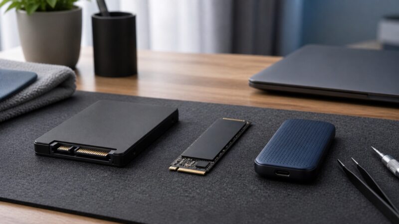SATA SSD・NVMe SSD・外付けSSDの種類を確認する作業机