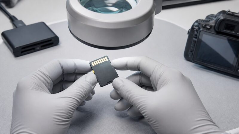 SDカードの外装と端子を無理に触らず目視確認する様子