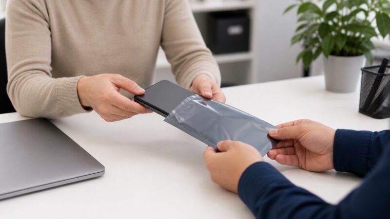 外付けドライブを保護袋に入れてデータ復旧の相談に備える様子