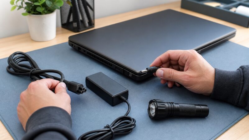 起動しないパソコンの電源ケーブルと外部端子を安全に確認する様子