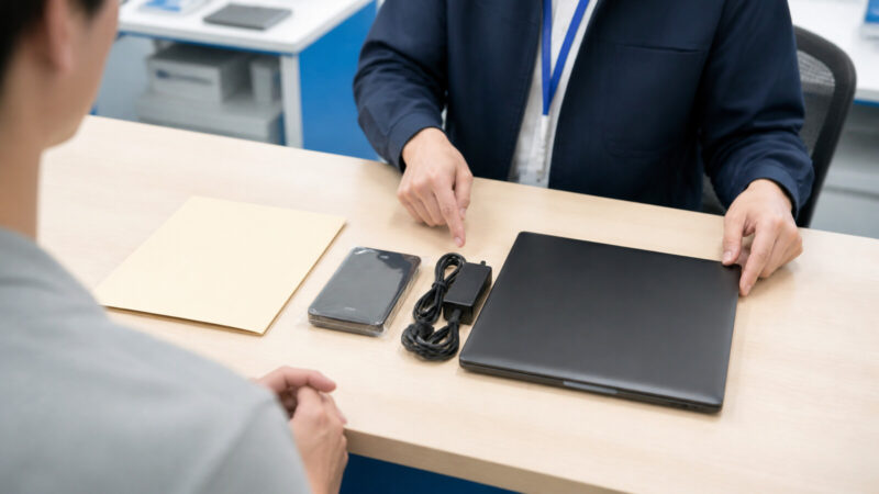 データ復旧相談のためノートパソコンと付属品を整理して引き渡す場面