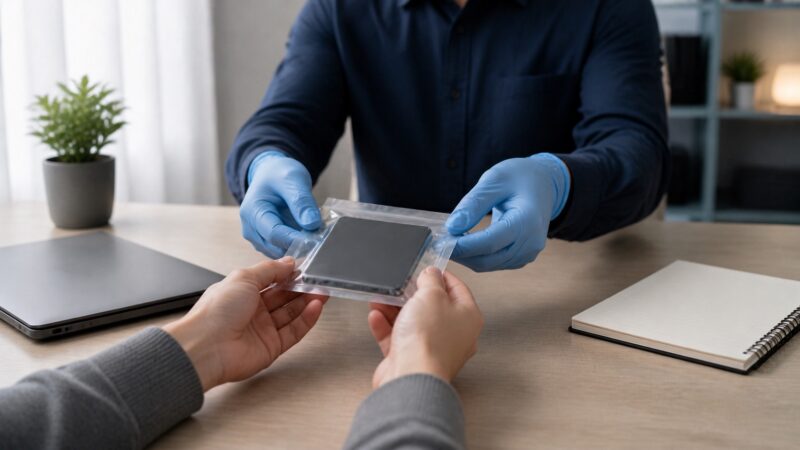 SSDを帯電防止袋に入れてデータ復旧担当者へ相談する場面