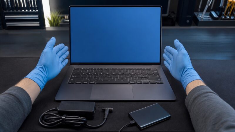 BitLocker回復画面が出たノートパソコンで初期化操作を止める様子