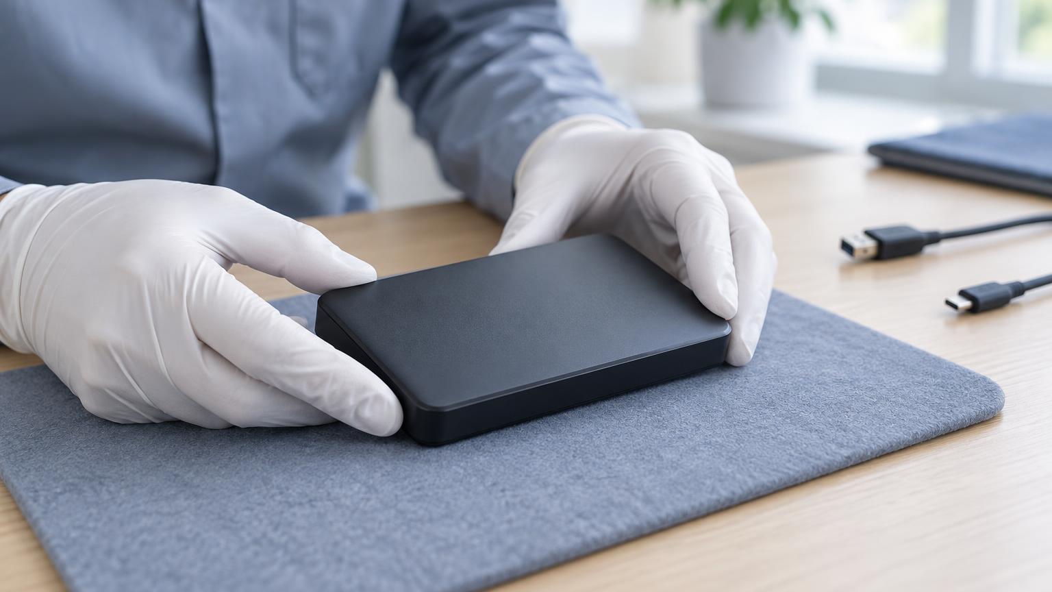 落下後に認識しない外付けHDDを通電せず慎重に点検する技術者