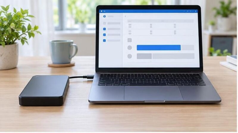 HDDが0バイトや未割り当てと表示されたパソコン画面と外付けHDD