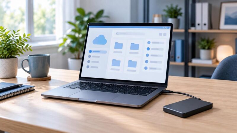OneDriveの消えたファイルを確認するノートパソコンと外付けストレージ