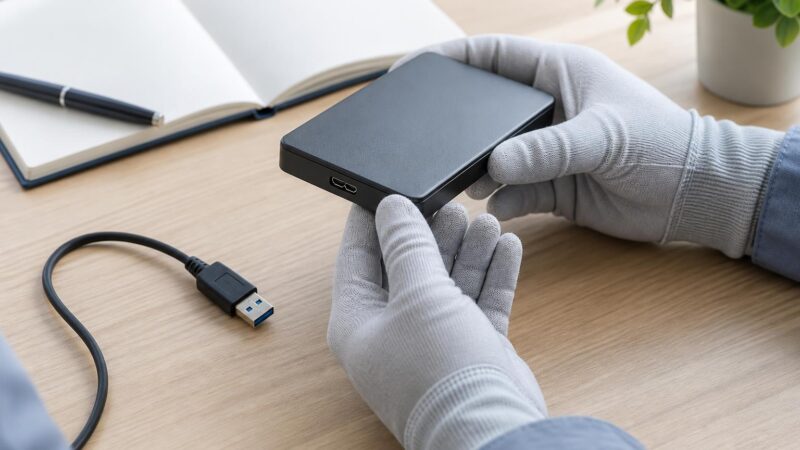 落下した外付けHDDからUSBケーブルと電源を外し端子やケースの変形を確認する様子