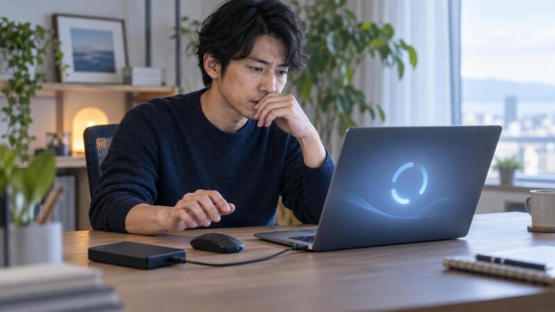復元スキャンの進捗とHDDの接続状態を慎重に確認する様子