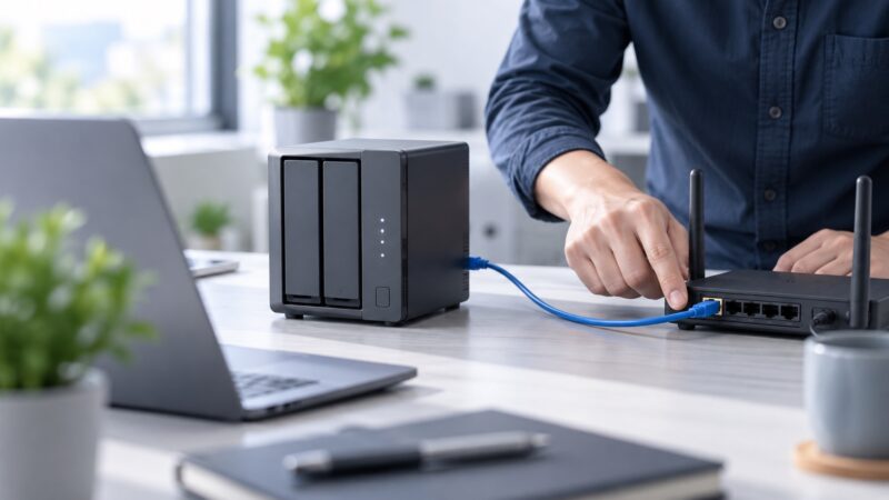 NASとルーターをつなぐLANケーブルを確認して共有フォルダへ届く通信経路を切り分けている様子
