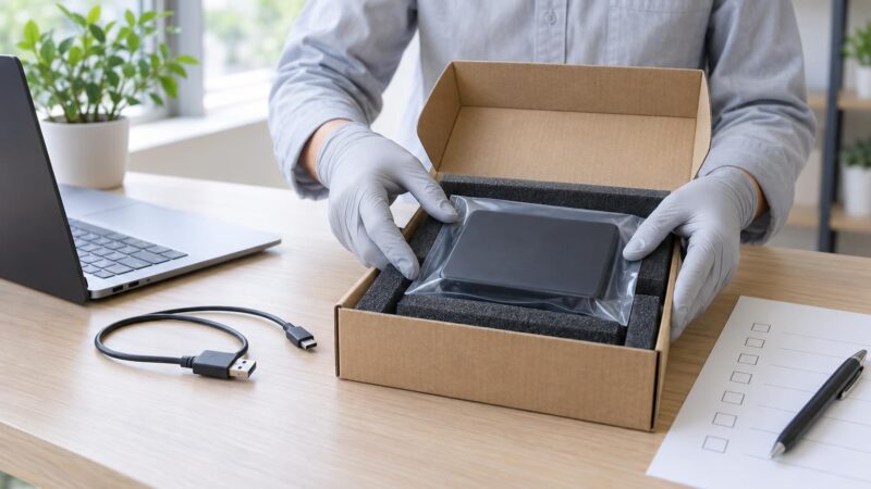 外付けHDDと付属ケーブルを緩衝材で分けて包みデータ復旧相談へ備える様子