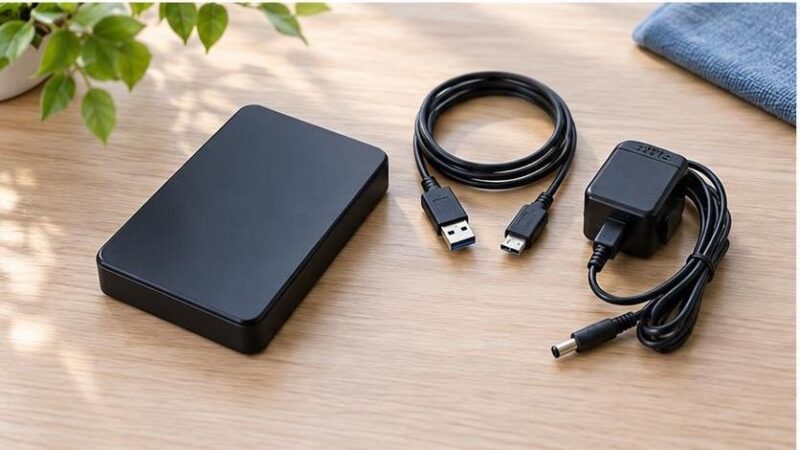 電源を外したHDDとUSBケーブルとアダプターを外観確認する様子