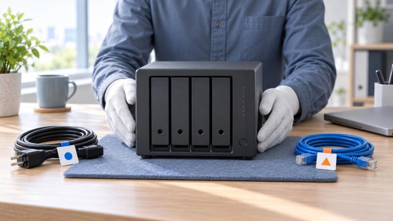 電源を切ったNASとケーブルをそろえてデータ復旧相談を準備する様子