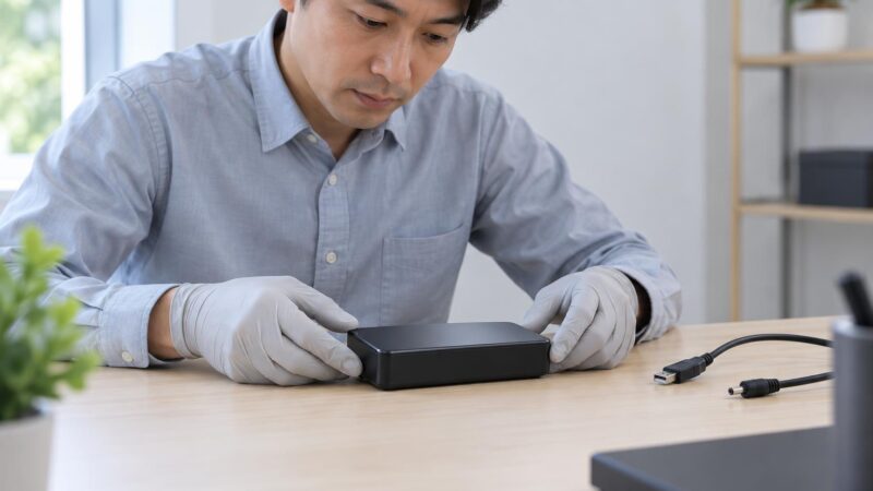 落下後の外付けHDDを通電せず異音や発熱などの症状と外観を確認する様子