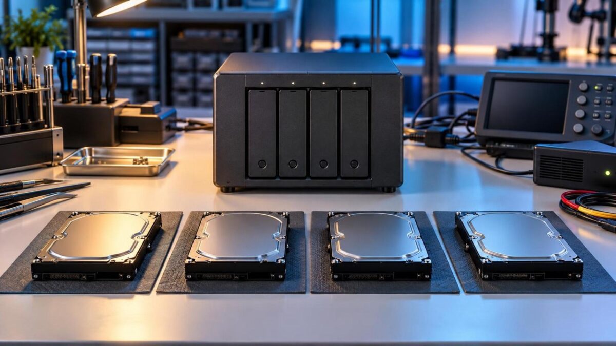 RAID再構築が停止した4ベイNASと取り外さず保全された複数のハードディスク
