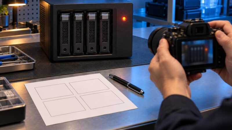 RAID再構築エラー後にNASのドライブ順と警告内容を記録する作業環境